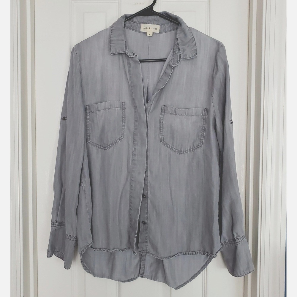 Cloth & Stone Boyfriend Shirt Gray Tencel Utility Pocket Long Sleeve Top S